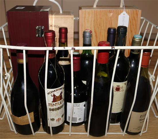 Thirteen bottles of assorted red wines and two white wines.